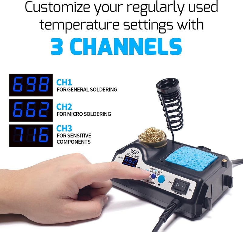 WeP 927-IV Soldering Station Kit High-Power 110W with 3 Preset Channels, Sleep Mode, LED Magnifier, 5 Extra Iron Tips, Tip Cleaner, 2 Helping Hands, Tip Storage Slots, Lead-free Solder Wire, Tweezers - Image 4